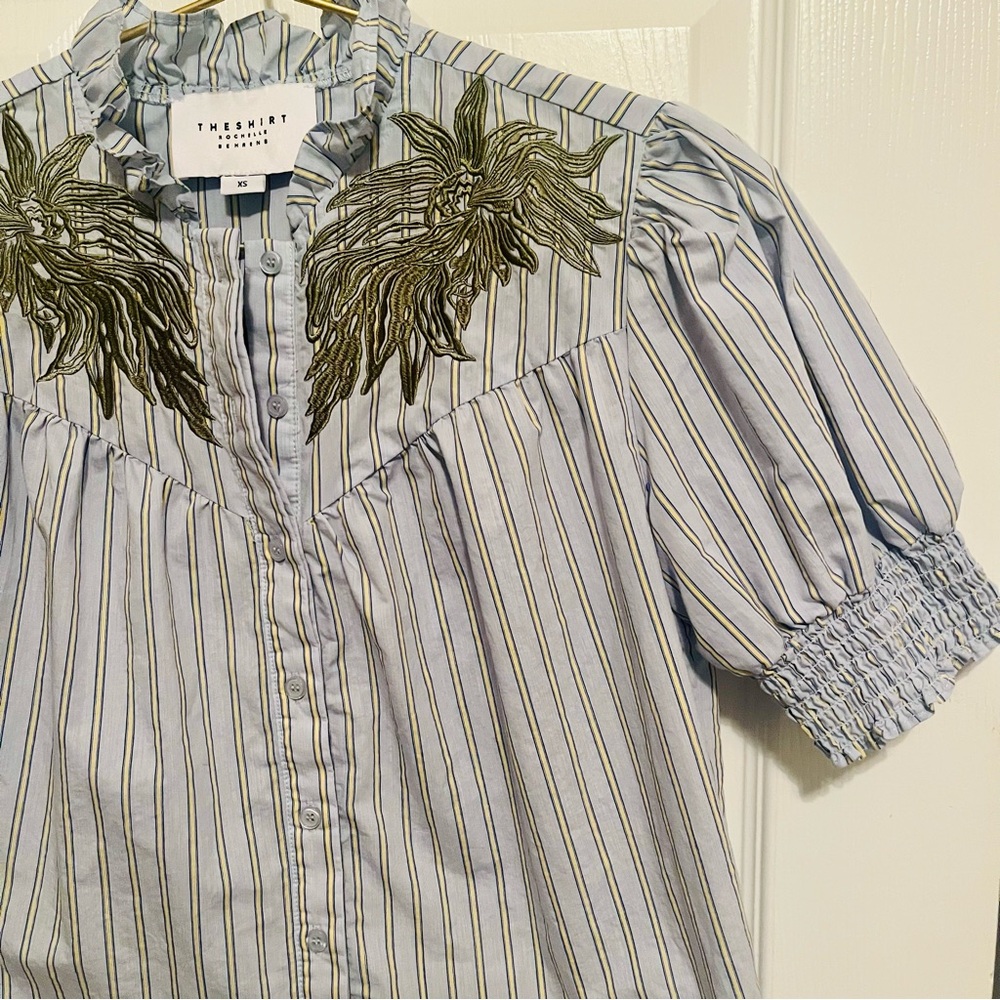 The Shirt by Rochelle Behrens XS Striped Embroidered Puff Sleeve Ruffle Blouse - Picture 5 of 6
